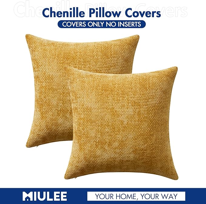MIULEE Pack of 2 Couch Throw Pillow Covers 16x16 Inch Neutral Gold Modern Boho Accent Decorative Pillow Covers Soft Chenille Farmhouse Cushion Covers for Home Decor Bed Sofa Living Room