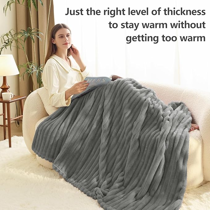 HIMEET Grey Ribbed King Size Blanket for Bed - 300GSM Lightweight Fleece Blanket for Men Women, Large Cozy Sofa Couch Bed Blankets Gifts, Striped Spring Home Room Decor, Grey, 108x90 Inches