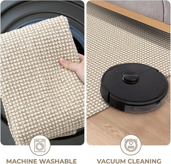 KOZYFLY Runners for Hallways 3x8 ft Washable Kitchen Runner Non Slip Rubber Backed Hall Runners Cotton Entryway Runner Rugs Floor Carpet for Indoor Backdoor Bedroom Kitchen, Ivory/Khaki