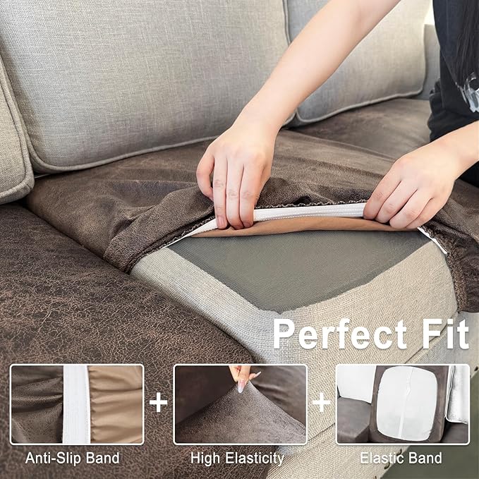 Leather Look Couch Cushion Covers Sofa Seat Slipcovers Sets Couches Furniture Protector for Sectional Armchair Loveseat Pets Kids Stretch Spandex Fabric (1 Cushion Armchair, Light Brown)