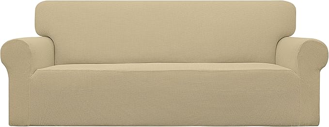 Easy-Going Stretch Sofa Slipcover 1-Piece Sofa Cover Furniture Protector Couch Soft with Elastic Bottom for Kids, Polyester Spandex Jacquard Fabric Small Checks (Sofa, Beige)