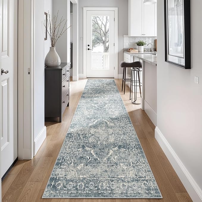 2'6"x12' Washable Hallway Runner Rug - Non Slip Kitchen Runner Rugs with Rubber Backing Vintage Low-Pile Carpet Runners for Entryway Dining Room Laundry Room Home Decor (Blue)