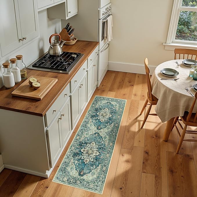 RELEANY Area Rugs 2'x5' Runner Rug Non Slip Washable for Kitchen Hallway Bedroom Beside Laundry Room Bathroom Rug, Floor Carpet, Dark Blue Vintage