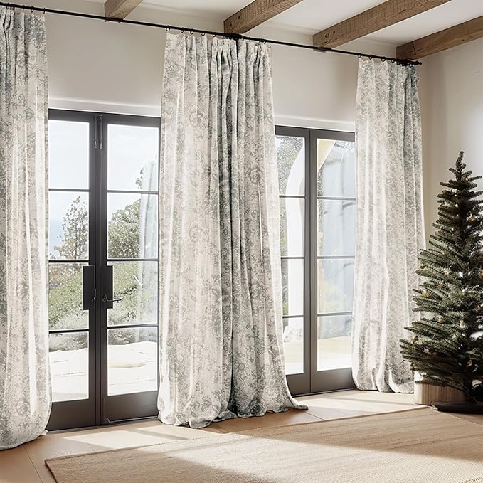jinchan Linen Blend Curtain Floral Curtains for Living Room 108 Inch Length Grey Printed Curtain Rod Pocket Back Tab Farmhouse Peony Flower Patterned Drapes Bedroom Window Curtains Set 2 Panels