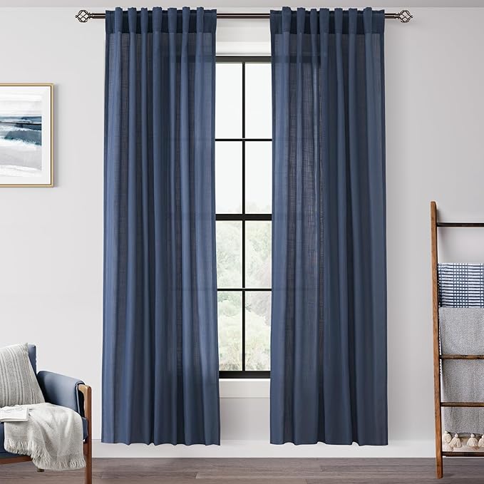 Navy Blue Curtains 80 inch Length for Bedroom Back Tab Light Filtering Semi Sheer Blue Living Room Curtains Linen Cotton Textured Indigo Blue Drapery Panel Modern Farmhouse Aesthetic Decor Dark Blue
