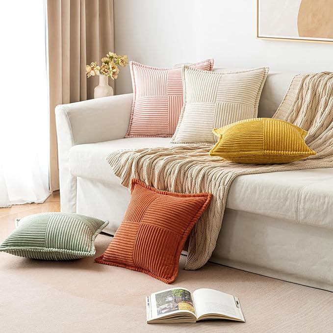 MIULEE Rust Decorative Throw Pillow Covers for Couch Bed Livingroom 18x18 Inch Set of 2 Boho Accent Throw Pllows Broadside Striped Patchwork Soft Corduroy Pillowcases