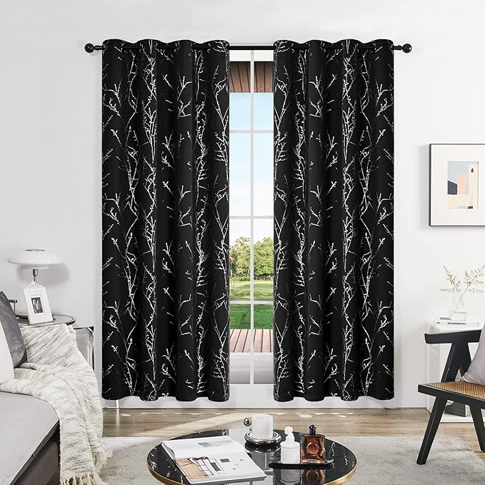 Deconovo Black Blackout Curtains, Thermal Insulated Soundproof Privacy Curtain Drapes, Branch Foil Print, 52 x 84 Inch Long, 2 Panels, Machine‑Washable Window Panel for Bedroom Living Room Office Home
