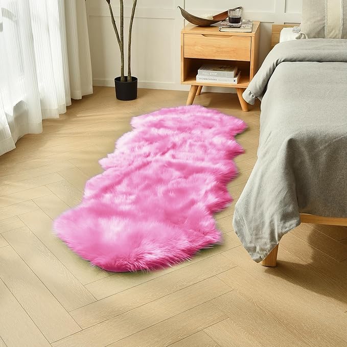 duduta Hot Pink Faux Sheepskin Runner Rug 2x6 ft, Fluffy Shag Girls Bedroom Dorm Rug Decor Fur Seat Covers Washable