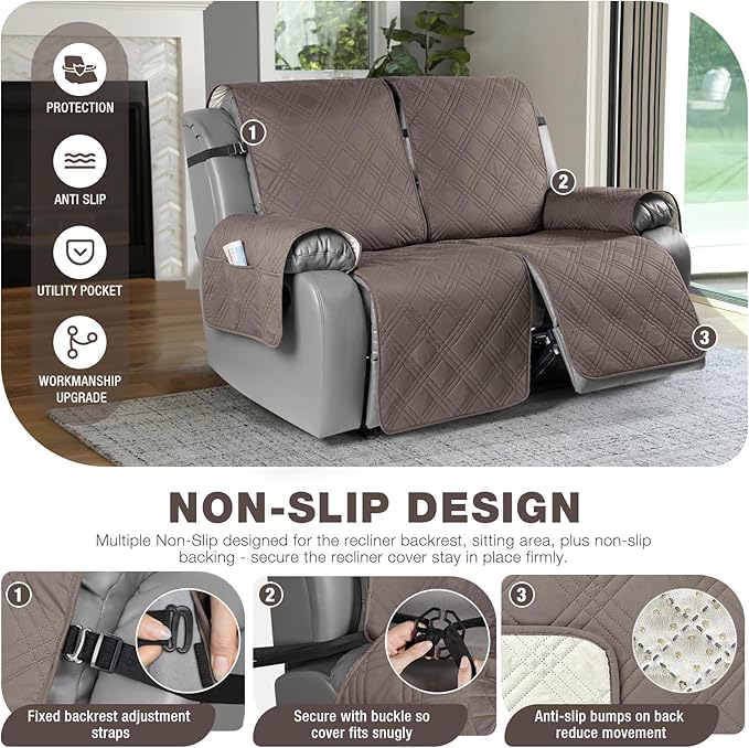 TAOCOCO 100% Waterproof Oversized Loveseat Recliner Cover, Non Slip Split Couch Covers for Reclining Loveseat with Elastic Straps for Kids Pets(Oversized 2 Seater, Taupe)