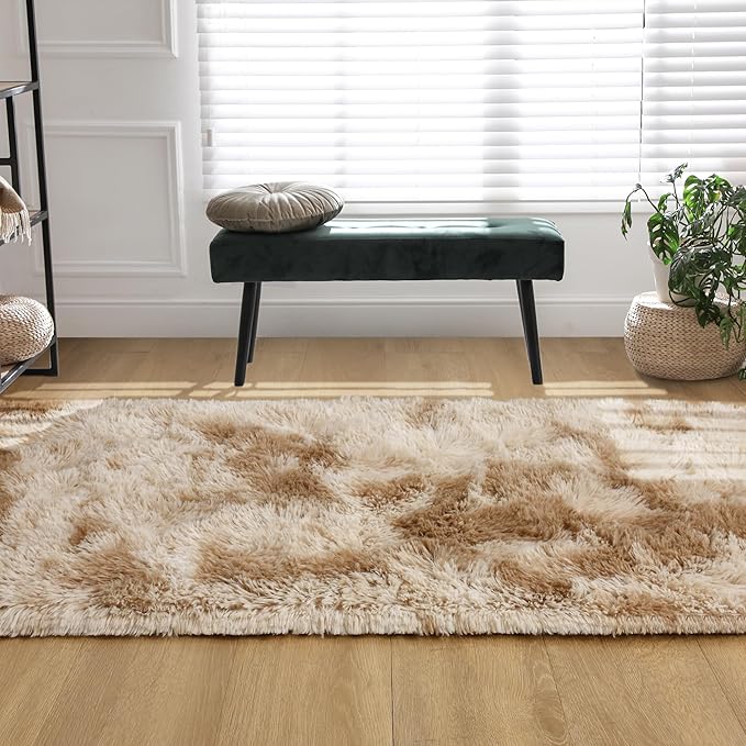 Tepook Fluffy Runner Rugs for Bedroom Aesthetic 2x6 Feet, Shag Soft Bedside Rug with Non-Slip Bottom, Fuzzy Plush Carpet for Room, Hallway Rug for Nursery Dorm Indoor Home Decor, Tie-Dyed Beige