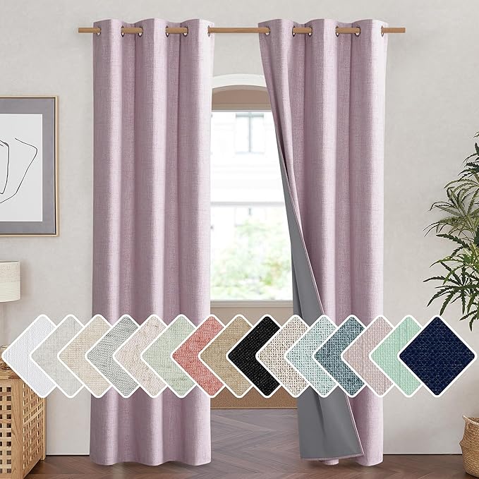 NICETOWN Pink Vintage Linen 100% Blackout Curtains for Living Room, Thermal Insulated Curtains 90" Long, Noise Reducing Window Treatment Drapes for Hall Room, 42" Wide Per Panel, Set of 2