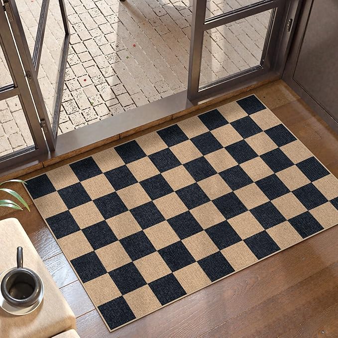 Lahome Colette Checkered Easy Jute 2x3 Rug, Small Entryway Rug Non Slip Kitchen Front Door Mat, Farmhouse Neutral Area Rug Non Shedding Low Pile Floor Carpet for Foyer Porch Doorway