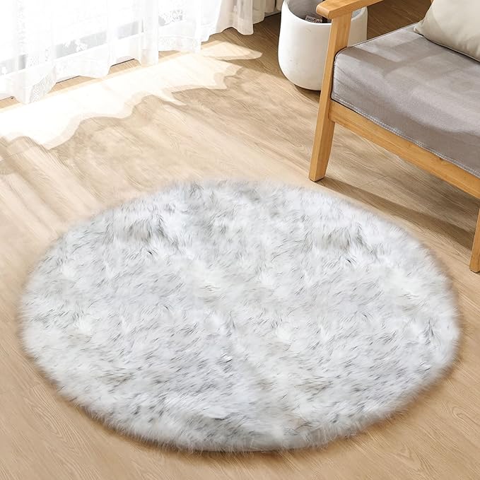 ORINOVA Grey and White Plush Machine Washable Area Rugs for Bedroom Small Circle Furry Faux Sheepskin Fur Rug for Living Room Nursery Round Rug 3ft