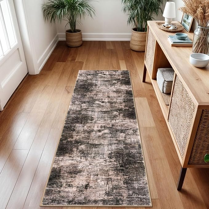 IOHOUZE Abstract Runner Rug 2x7 Ft Washable Runners for Hallways, Non Slip Kitchen Runner Printed Faux Wool Entryway Runners Indoor, Modern Abstract Floor Carpet for Hall Kitchen Bedroom, Brown/Rust