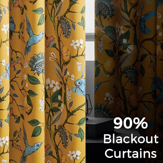 Topfinel 90 Inches Long Curtains & Drapes 2 Panels, Unique Nature Luxury Elegant Colorful Dark Floral Hummingbird Patterned Rustic Mustard Yellow Grommet Drapes for Classroom Room Office Closet 52x90