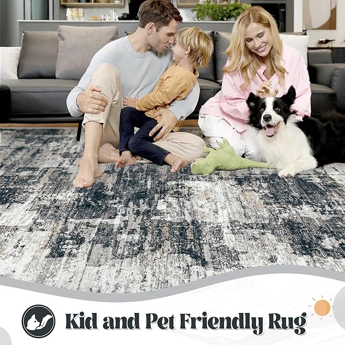 10x14 Area Rugs for Living Room, Washable Modern Abstract Large Area Rug Neutral Soft Non Slip Kids Rug Stain Resistant Indoor Carpet for Bedroom Dining Room Playroom Office(BlackGrey, 10'x14')