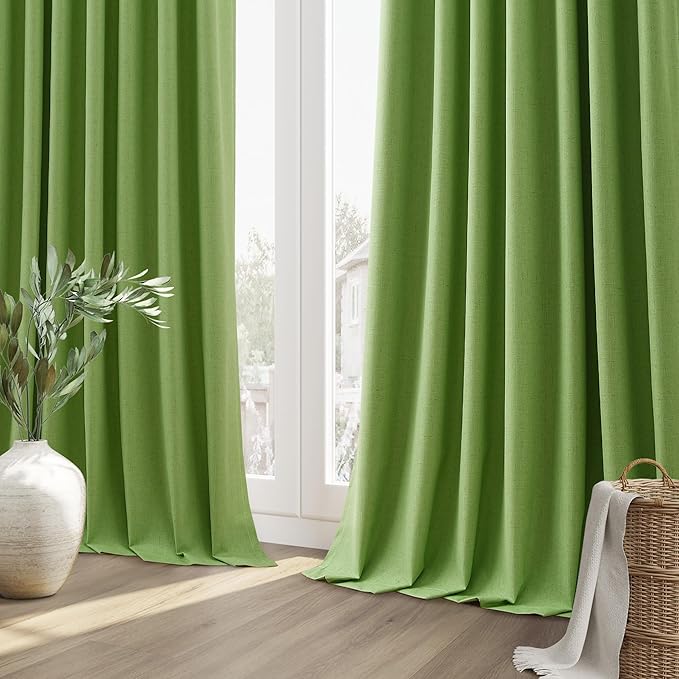 Guken 100% Blackout Curtains 84 Inch Length 2 Panels Set for Living Room Bedroom Back Tab Thermal Insulated Black Out Linen Drapes Room Darkening Lime Green,52x84