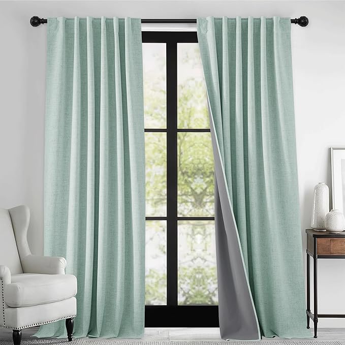 RYB HOME 100% Blackout Linen Textured Curtains 84 inches Long, Thermal Insulating Privacy Energy Saving for Bedroom Living Room Window Office Theater Baby Nursery, W 52 x L 84 in, Aqua, 2 Panels