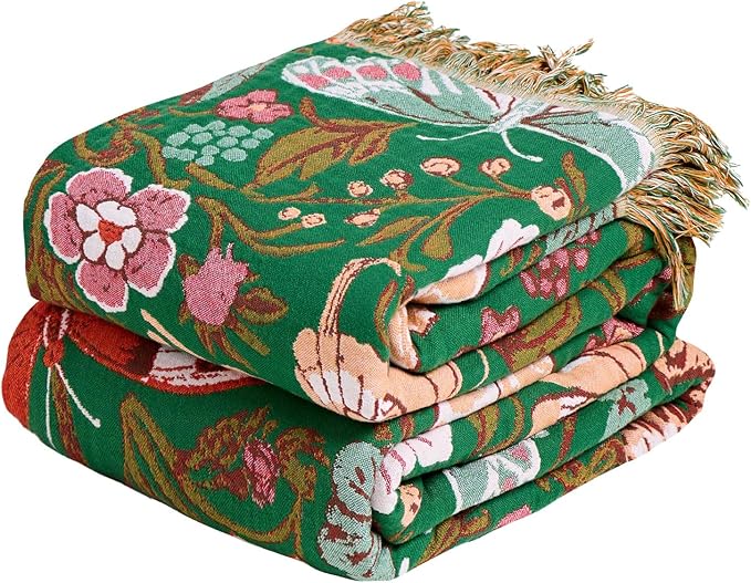 MSGKV Boho Throw Blanket for Bed 60"x80" Butterfly Floral 100% Cotton Couch Blanket Spring Breathable Lightweight Farmhouse Twin Size Blankets for Sofa Home Decor Muslin All Seasons