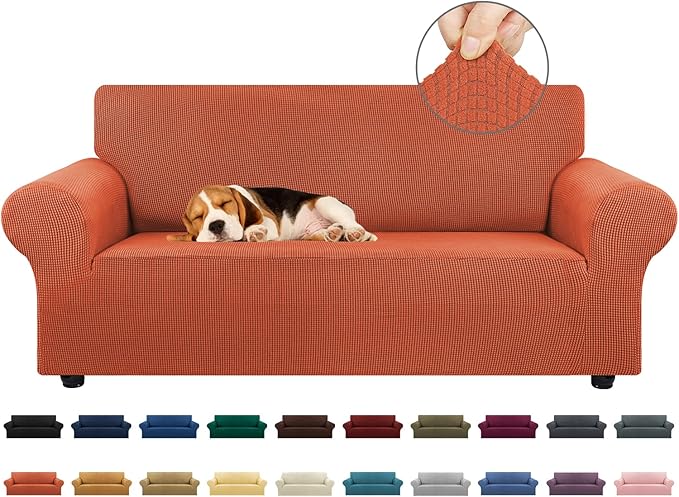 KEKUOU Stretch Loveseat Sofa Cover Slipcover,Couch Covers for 2 Cushion Couch Sofa (55"-78") Furniture Protector Sofa with Elastic Bottom for Kid,Dog. Jacquard Small Checked (Medium,Pureed Pumpkin)