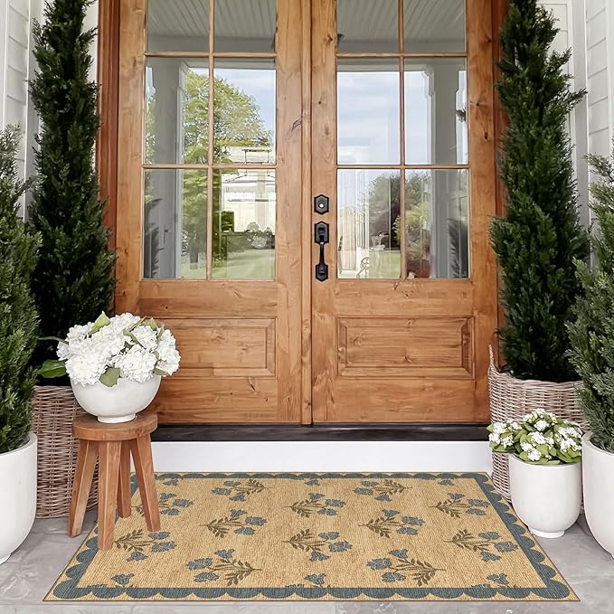 Floral Outdoor Rug - 28" x 43" Front Door Mat Indoor Outside Entrance Non-Slip Washable Outdoor Mat Jute-Look Blue Scalloped Rug for Entryway Kitchen Mudroom Layered Doormat for Front Porch