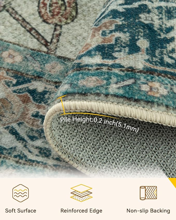 Area Rugs 7ft Washable Non-Slip, Floral Vintage Distress Print Pattern Medallion Carpet for Living Room Bedroom Dining Room, Dark Blue Vintage