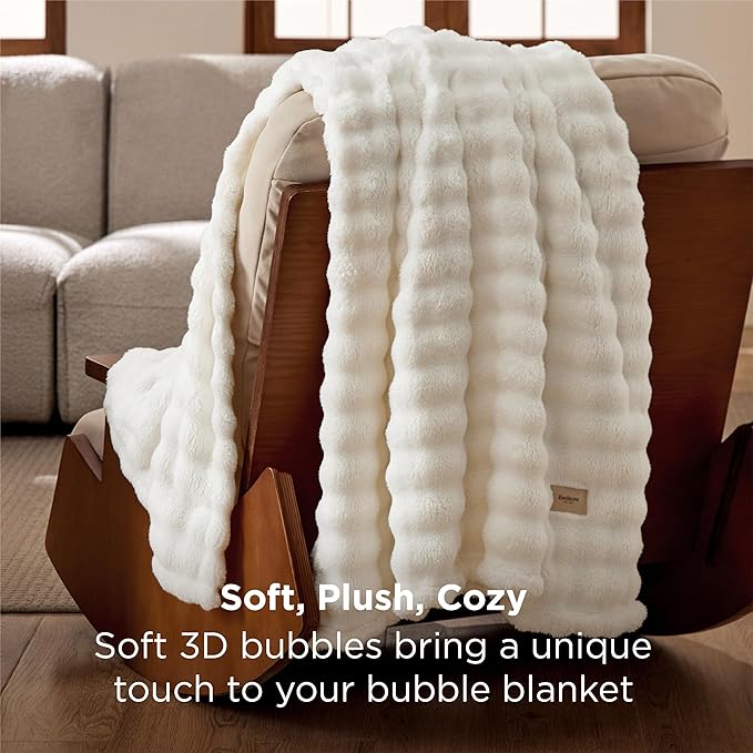 Bedsure 3D Fleece Bubble Blanket for Couch - GentleSoft White Spring Throw Blanket for Sofa Bed Room Decor - Luxury Soft Cozy Blanket Gifts for Kids, Lightweight, Off White, 50"×60"