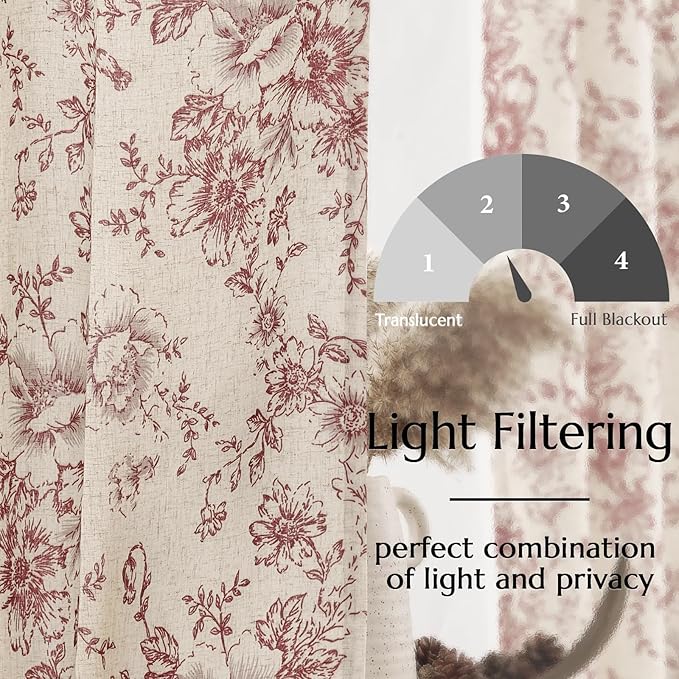 jinchan Lined Linen Blend Curtain Floral Curtains for Living Room 96 Inches Long Farmhouse Red Flower Printed Curtain Rod Pocket Back Tab Peony Patterned Drapes Curtains Set 2 Panels