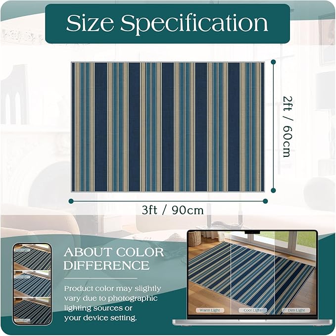 Front Door Mat Outside Entrance - 2x3 Striped Non-Slip Washable Welcome Doormat Indoor Outdoor Entrance Navy Blue Coastal Rug Small Throw Rugs for Entryway Bedroom Kitchen Front Porch Decor