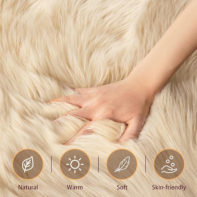 Ciicool Beige Fur Fluffy Rug, 2x4 ft Small Faux Fur Rugs for Bedroom, Washable Faux Sheepskin Rug for Sofa Couch Seat Cushion, Thick Shaggy Furry Rugs Floor Carpets for Bedside Living Room