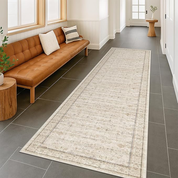 Washable 2x8 Runner Rugs for Hallway Non Slip, Stain Resistant Farmhouse Kitchen Rugs, Geometric Floral Indoor Floor Mats for Entryway, Vintage Beige Home Décor, Low Pile & Soft Carpet