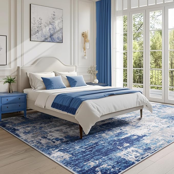 Washable Area Rugs 4'x5' Non-Slip Modern Abstract Soft for Living Room Entryway Bedroom Nursery, Print Pattern, Blue Grey Navy Gray