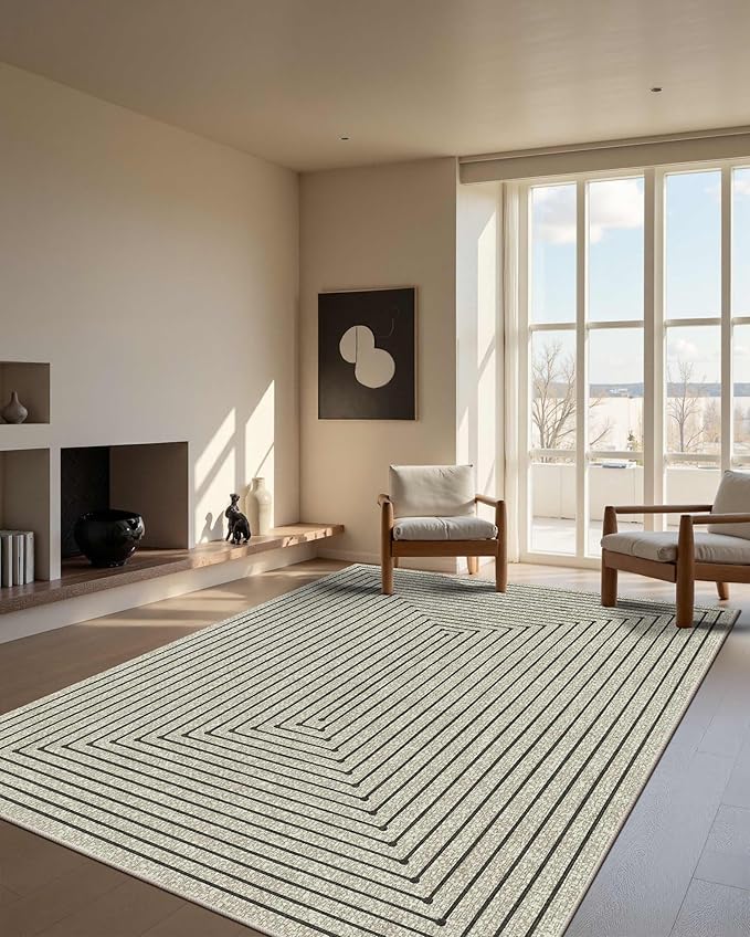 Latte&Fog 6x9 Area Rugs for Living Room Bedroom, Beige Modern Abstract Washable Rug, Boho Non Slip Low Pile Carpet for Indoor Dining Room, Office, Dorm, Classroom, Farmhouse and Kids Room - Beige