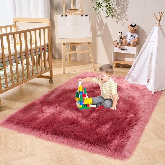 EasyJoy Ultra Soft Fluffy Shaggy Area Rug Faux Fur Rug Chair Cover Seat Pad Fuzzy Area Rug for Bedroom Floor Sofa Living Room (4 x 6 ft Rectangle, BlushPink)