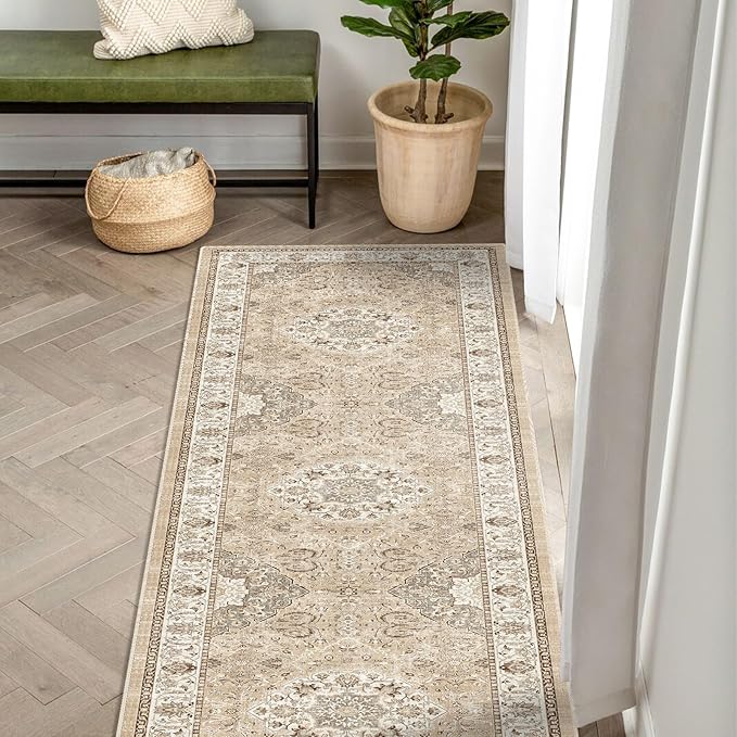 Washable 2x8 Hallway Runner Rug: Vintage Water Resistant Kitchen Entryway Rug Ultra Soft Living Room Bedroom Carpet with Non Slip Backing Indoor Low Pile Floor Mat for Bathroom Dining Room(2x8,Beige)