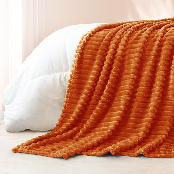 Exclusivo Mezcla California King Size Flannel Fleece Blanket, Super Soft Striped Jacquard Bed Oversized Blanket, Lightweight Fuzzy Cozy for All Seasons, 120x120 Inches, Burnt Orange