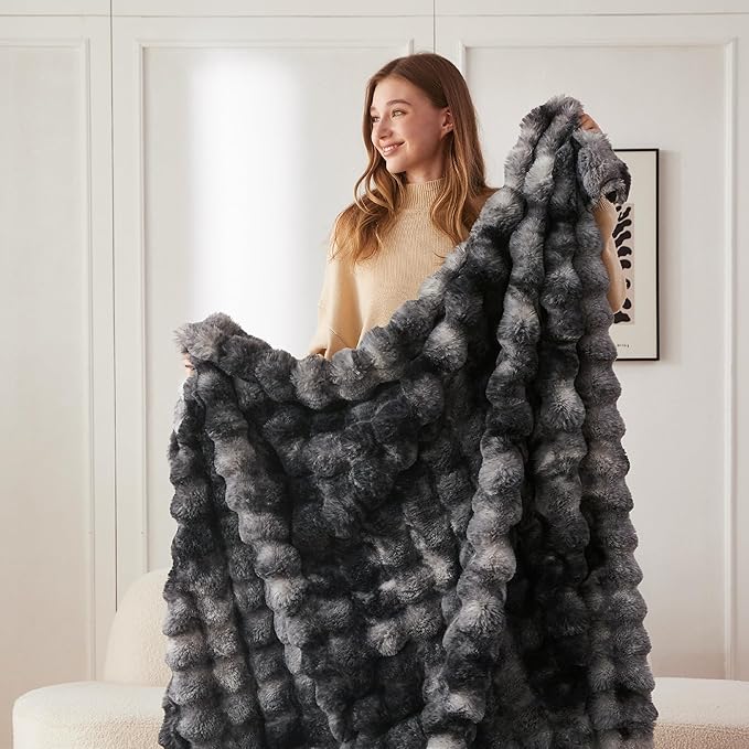 COOVA Faux Fur Throw Blanket for Couch, Cozy Soft and Fuzzy Plush Rabbit Fur Bubble Blanket for Sofa Bedroom Living Room, 50x60 Inches Tie Dye Black