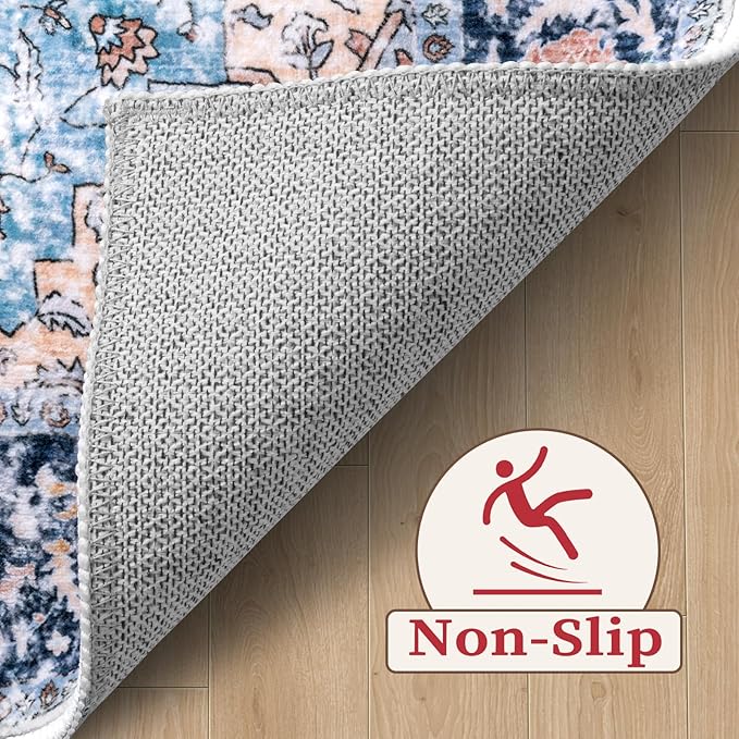 SERISSA 4x6 Boho Bedroom Rug, Washable Non Slip Vintage Blue Orange Area Rugs, Ultra Soft Print Distressed Tribal Entry Rug Low-Pile Throw Carpet for Nursery Dorm Kitchen Living Room Decor