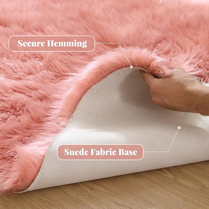 ORINOVA Shag Area Rugs 9x12 Rugs for Living Room Pink Washable Fluffy Sheepskin Fur Rugs for Bedroom Nursery Fuzzy Rug