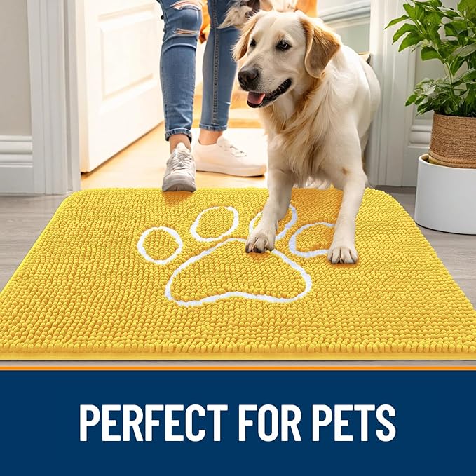 OLANLY Dog Door Mat for Muddy Paws 30x20, Paw Print Design, Absorbs Moisture and Dirt, Absorbent Non-Slip Washable Doormat, Quick Dry Chenille Mud Mat for Dogs, Entry Indoor Entryway Carpet, Yellow