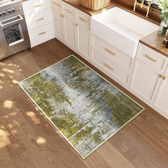 Entrance Rugs Indoor 2x3 Green Entry Rug Washable Abstract Small Area Rug Non-Slip Low Pile Throw Rugs for Entryway, Kitchen Floor, Front Door Indoor Door Mat, Bedroom Bedside