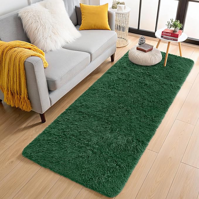 OLANLY 2x6 Machine Washable Runner Rugs for Hallway, Soft Fluffy Shaggy Bedside Rugs for Bedroom, Living Room, Indoor Floor Carpet for Kids Girls Boys, Nursery Rooms, Home Decor Aesthetic, Dark Green