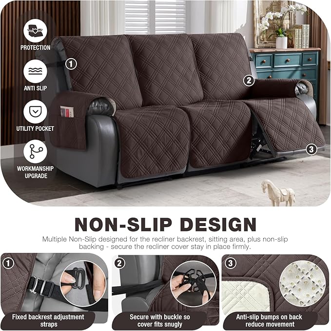 TAOCOCO 100% Waterproof Recliner Sofa Cover Non Slip Couch Cover for 3 Seat Reclining Sofa, Split Reclining Couch Covers 3-Piece with Straps, Washable Sofa Slipcover for Kids Pets(3 Seater, Chocolate)