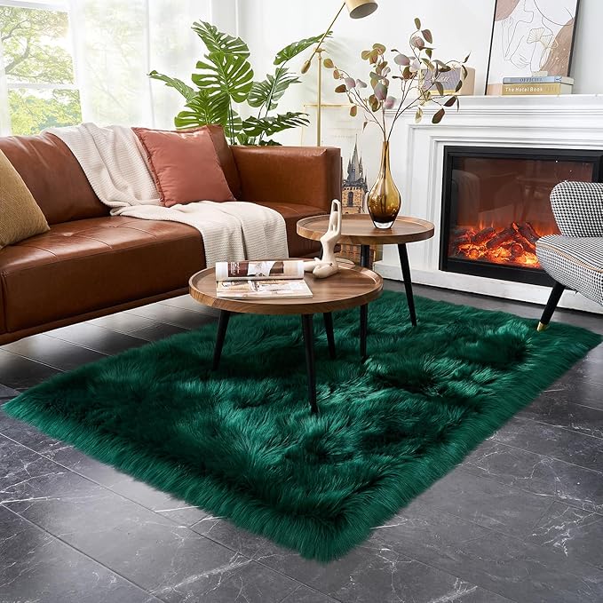 EasyJoy Ultra Soft Fluffy Shaggy Area Rug Faux Fur Rug Chair Cover Seat Pad Fuzzy Area Rug for Bedroom Floor Sofa Living Room (4 x 6 ft Rectangle, Dark Green)