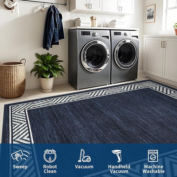 GarveeHome Washable Hallway Rug 2x6 Narrow Modern Bordered Floor Runner, Non-Shedding Contemporary Bedside Rug, Foldable Ultra-Thin Carpet Runner for Bedroom, Kitchen, Laundry Room, Navy Blue