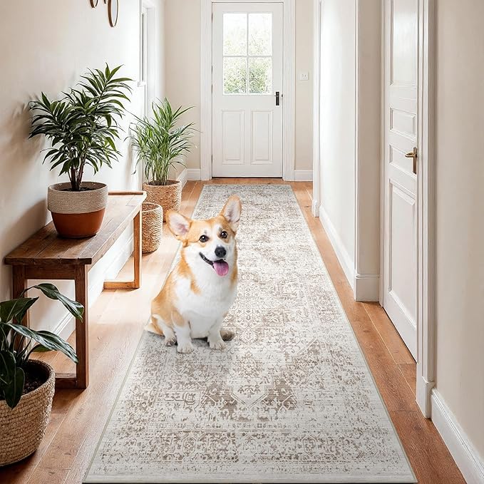 2x8 Washable Hallway Runner Rug - Vintage Kitchen Runners Low Pile Carpet Soft Thin Floor Runner with Rubber Backing for Entryway Living Room Home Decor (Cream/Camel)