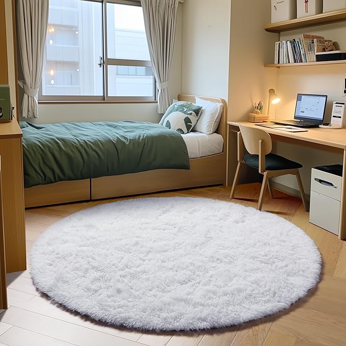 ONASAR White Round Area Rug 4ft, Soft Bedroom Circle Rugs Floor Mat for Kids Girls Boys Teen Room, Fuzzy Plush Shaggy Carpet for Baby Nursery Living Room Playroom Home Decor