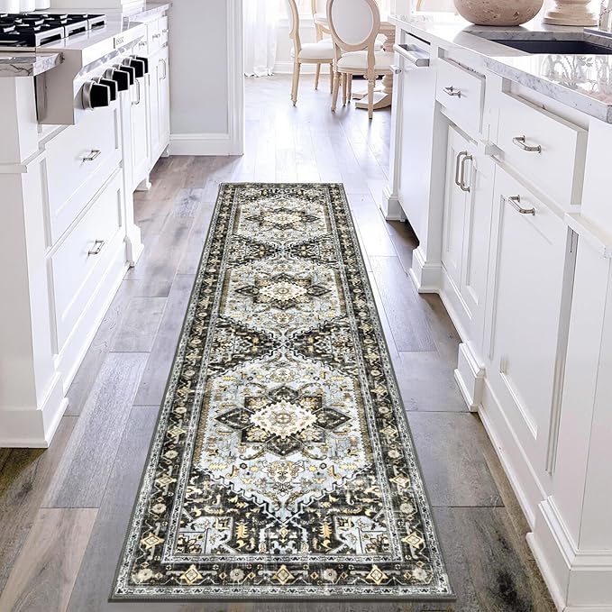 Yamaziot Washable Runner Rug, 2x8 Non-Slip Boho Vintage Hallway Rug Runner with Rubber Backing, Stain Resistant & Low Pile Distressed Carpet Runner for Bedroom, Kitchen, Laundry, Entrance, Black Gold