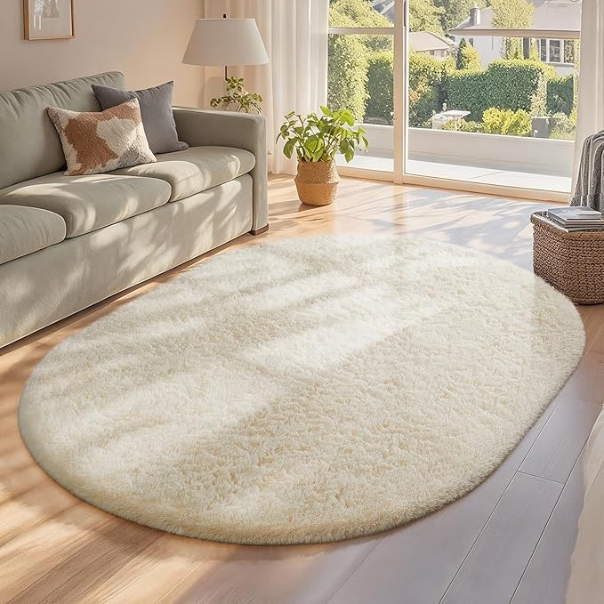 Ophanie 4x6 Oval Ivory Rugs for Bedroom Living Room, Fluffy Fuzzy Furry Carpet, Plush Soft Shaggy Bedside Indoor Floor Area Rug for Kids Girls Boys Baby Teen Dorm Nursery Home Decor Aesthetic