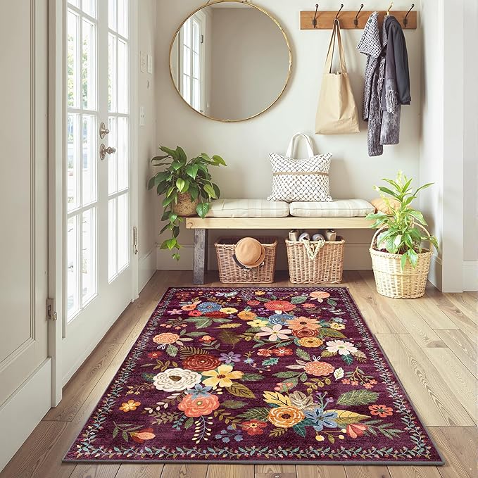Floral Machine Washable Rug, 3x5 Rug Non Slip Soft Bedroom Rugs for Entryway Dorm, Ultra-Thin Rugs for Bedroom Stain Resistan(3 x 5, Purple Lawn)